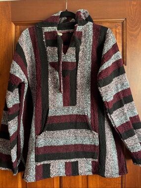 Unisex Striped Crewneck Baja Sweater - Maroon, Black & Cream